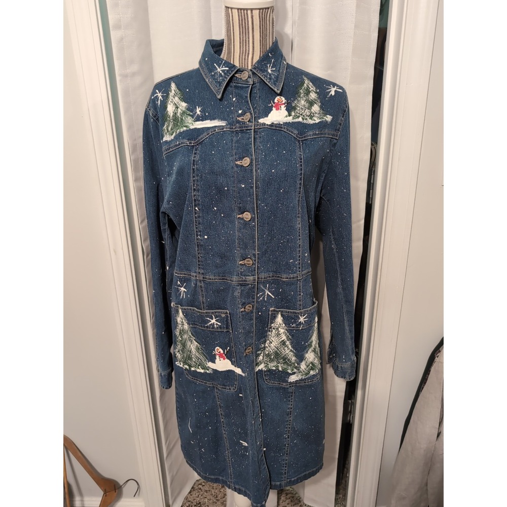 Vtg. Joujou Denim Christmas Shirt Dress Large Holiday‎ Boho Cottagecore Fun Cute
